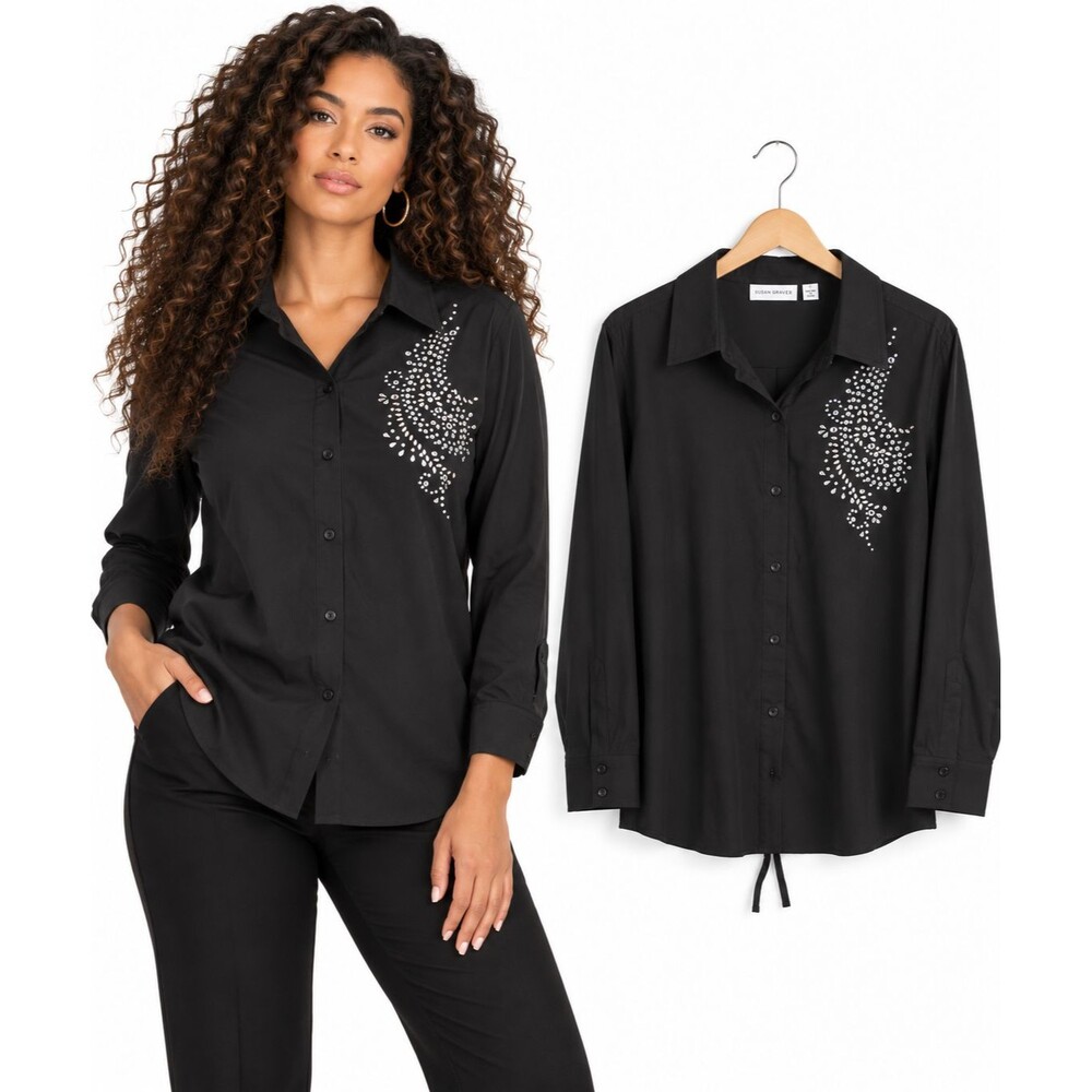 Susan Graver Mixed Metals Button Front Shirt Size Large Black Stretch A211794